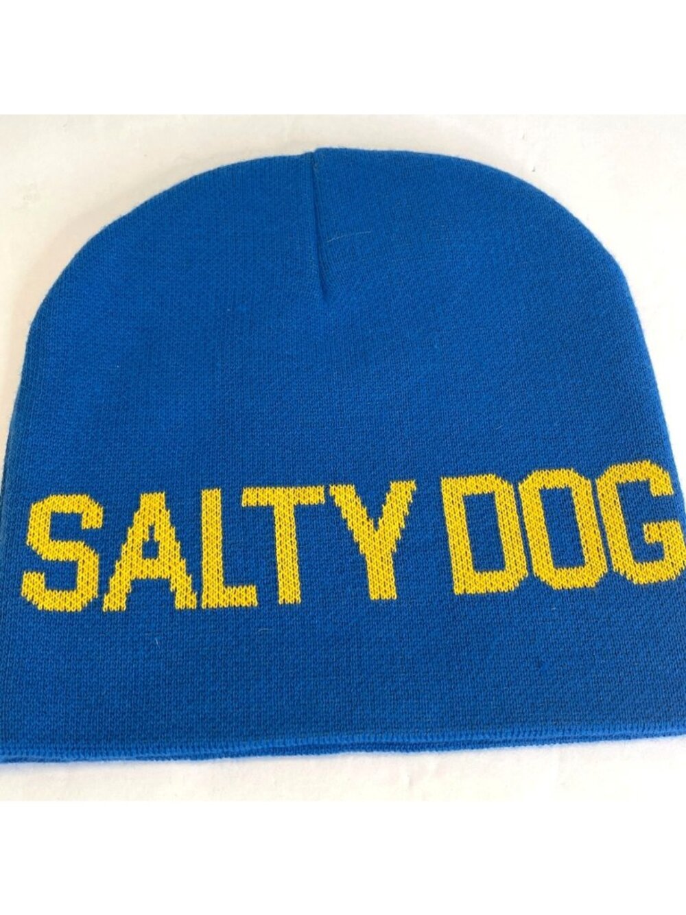 Beanie Hat Acrylic Blue Knit Winter Ski Sled Cap Salty Dog Pup Puppy Paw Yellow
